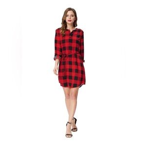 KATE KASIN Red Black Buffalo Plaid Roll Up Sleeve Shirt Dress Cotton Size L
